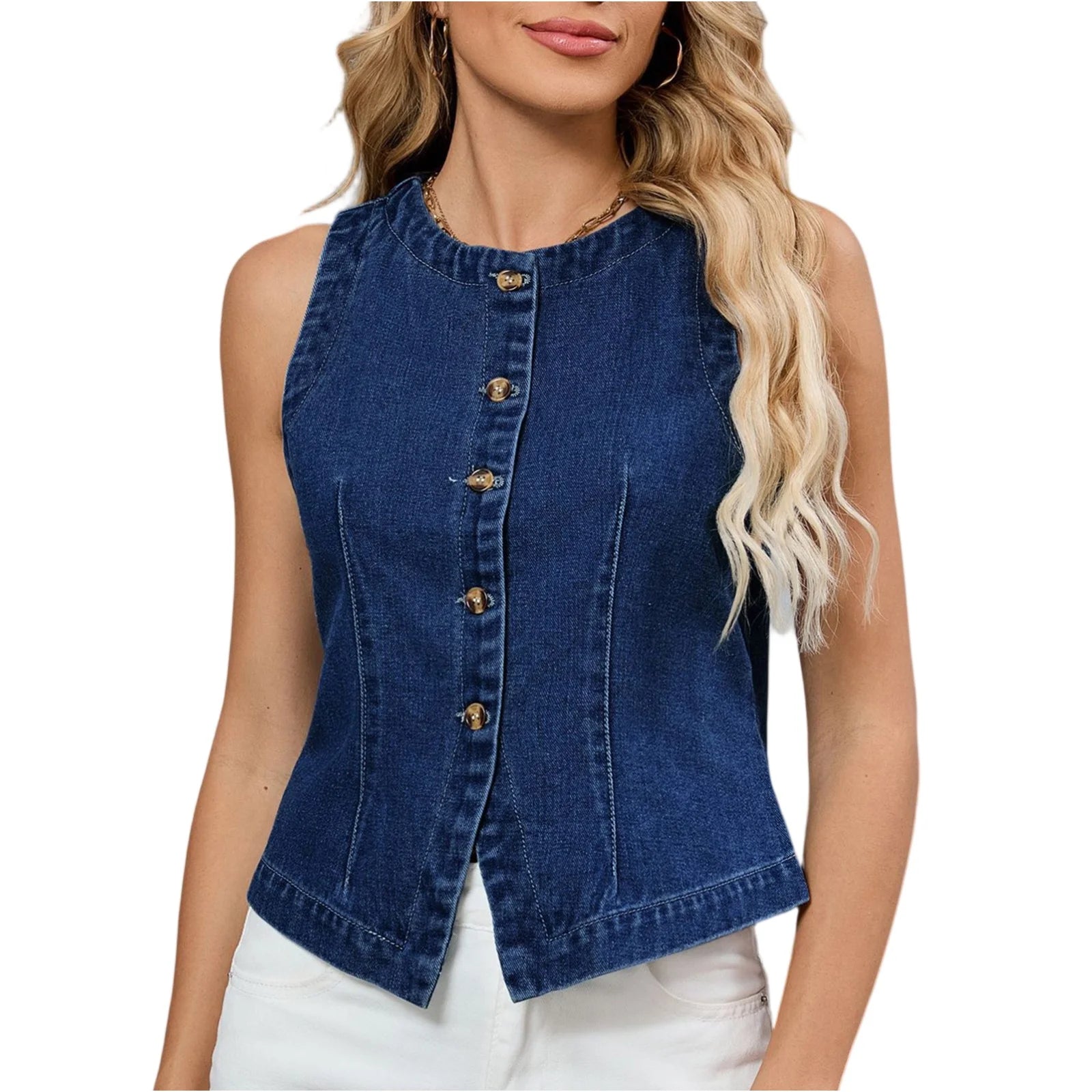 Womens Denim Vest Round Neck Buttoned Slim Sleeveless