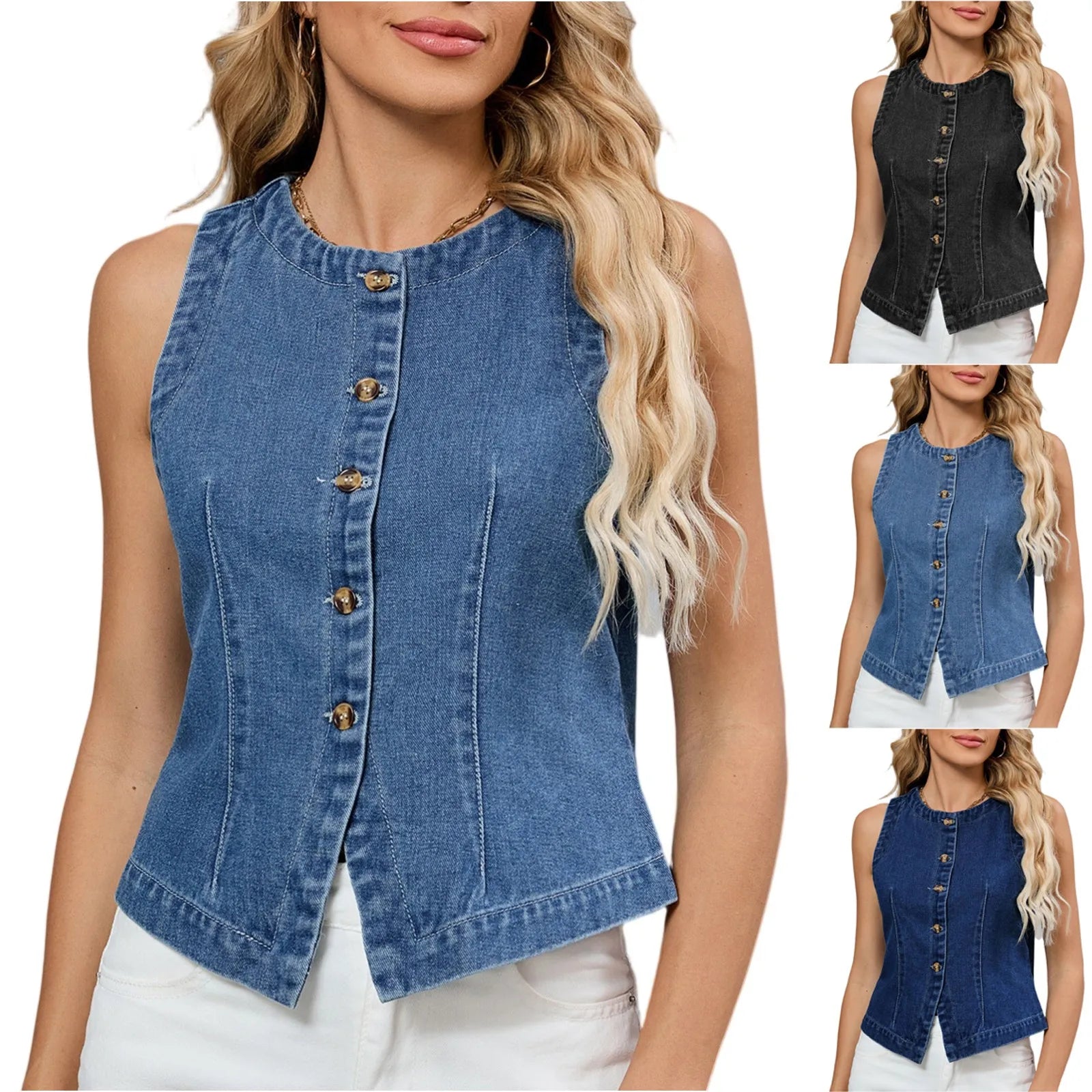 Womens Denim Vest Round Neck Buttoned Slim Sleeveless