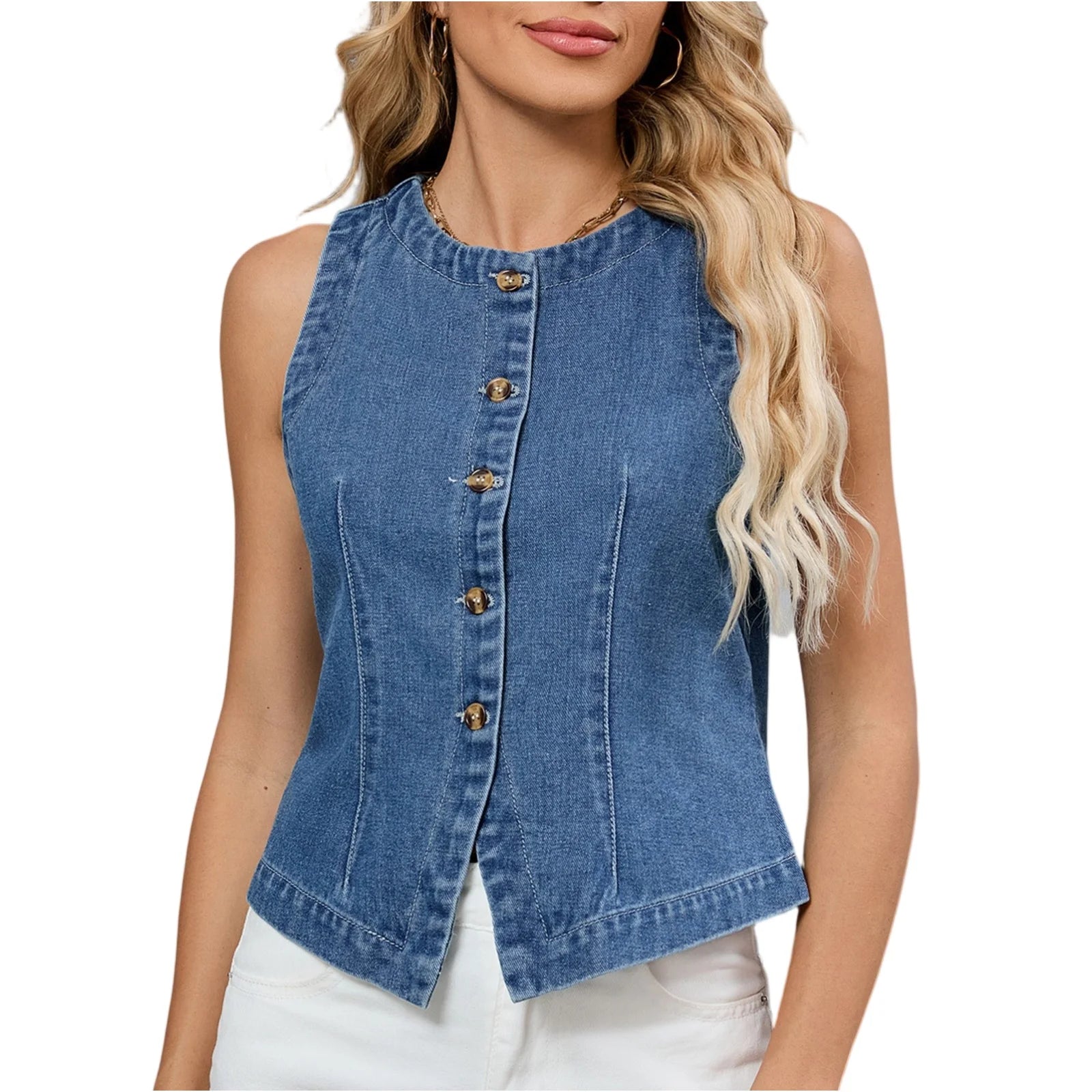 Womens Denim Vest Round Neck Buttoned Slim Sleeveless