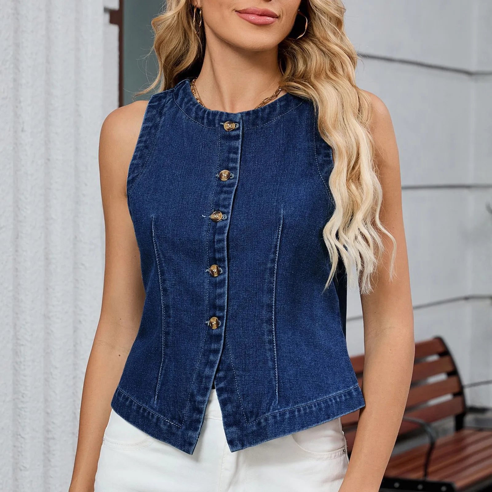 Womens Denim Vest Round Neck Buttoned Slim Sleeveless