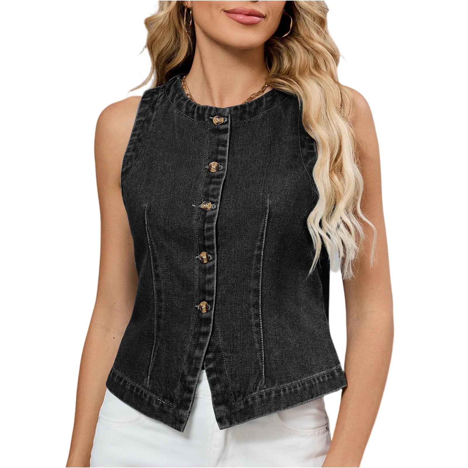 Womens Denim Vest Round Neck Buttoned Slim Sleeveless
