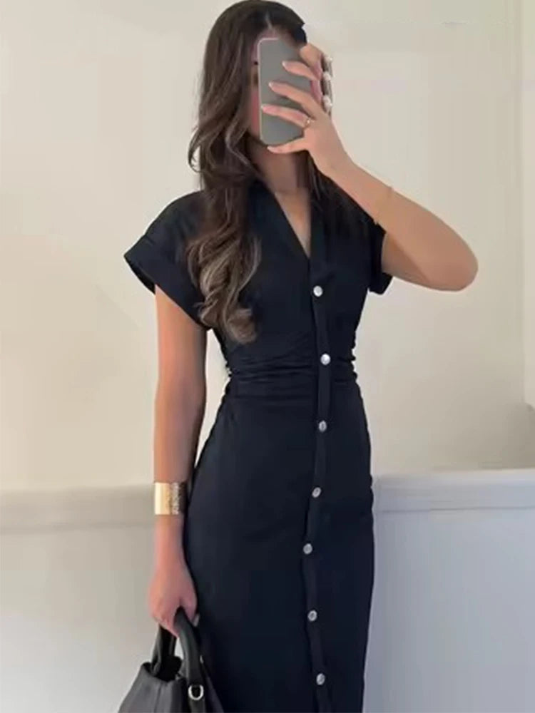 Pleated Denim Dress Casual Elegance Women