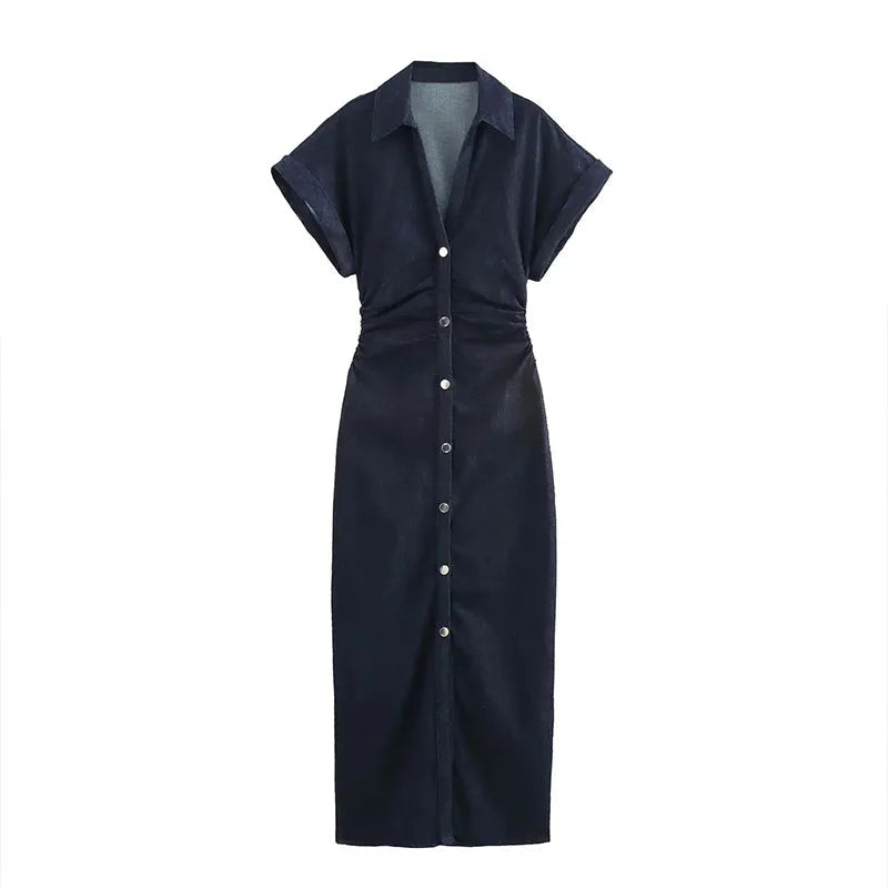 Pleated Denim Dress Casual Elegance Women - Glamora