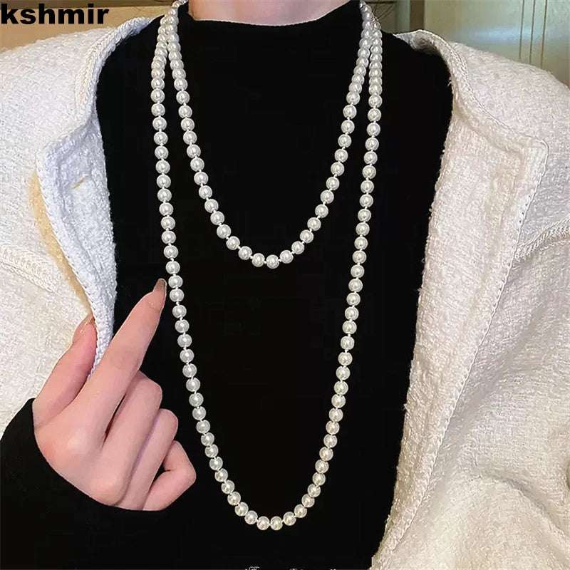 Elegant Long Pearl Collarbone Necklace - Glamora