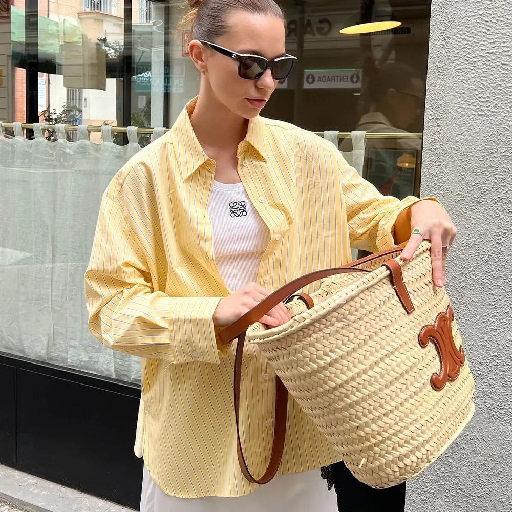 Butter Yellow Striped Loose Shirt Summer