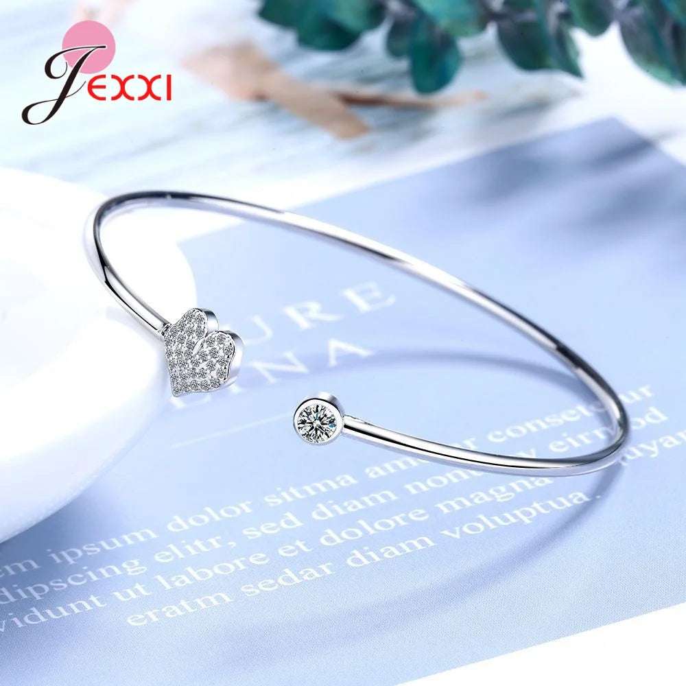 Sterling Silver Heart-Shaped Bangle Bracelet - Glamora