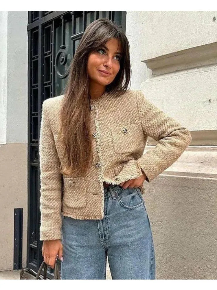 Woolen Tweed Jacket Cozy Women Outerwear - Glamora