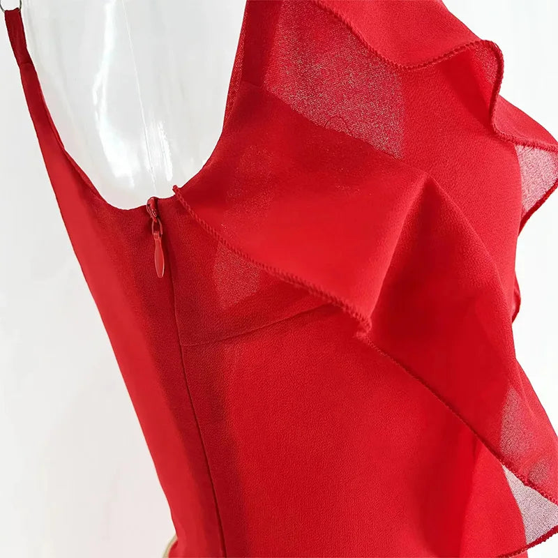 Pleated Backless Red Dress Partywear - Glamora