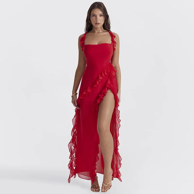 Pleated Backless Red Dress Partywear - Glamora