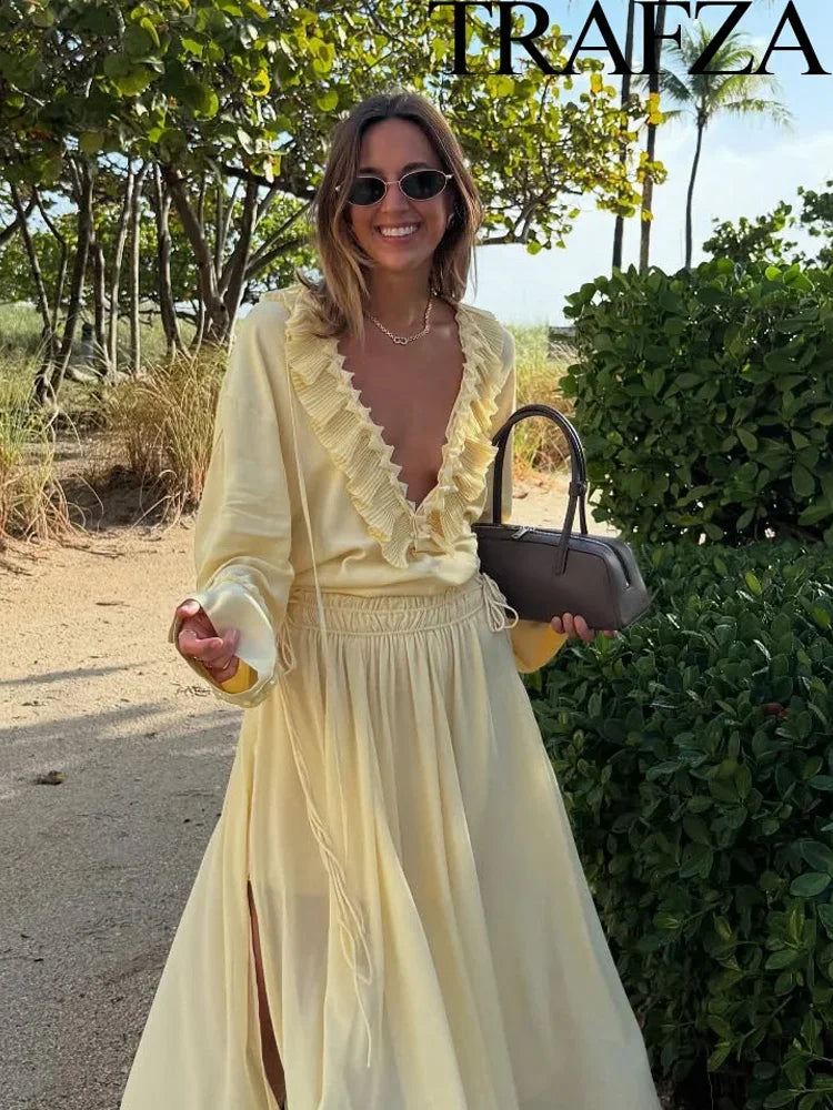 V Neck Lace Up Skirt Suit Summer - Glamora