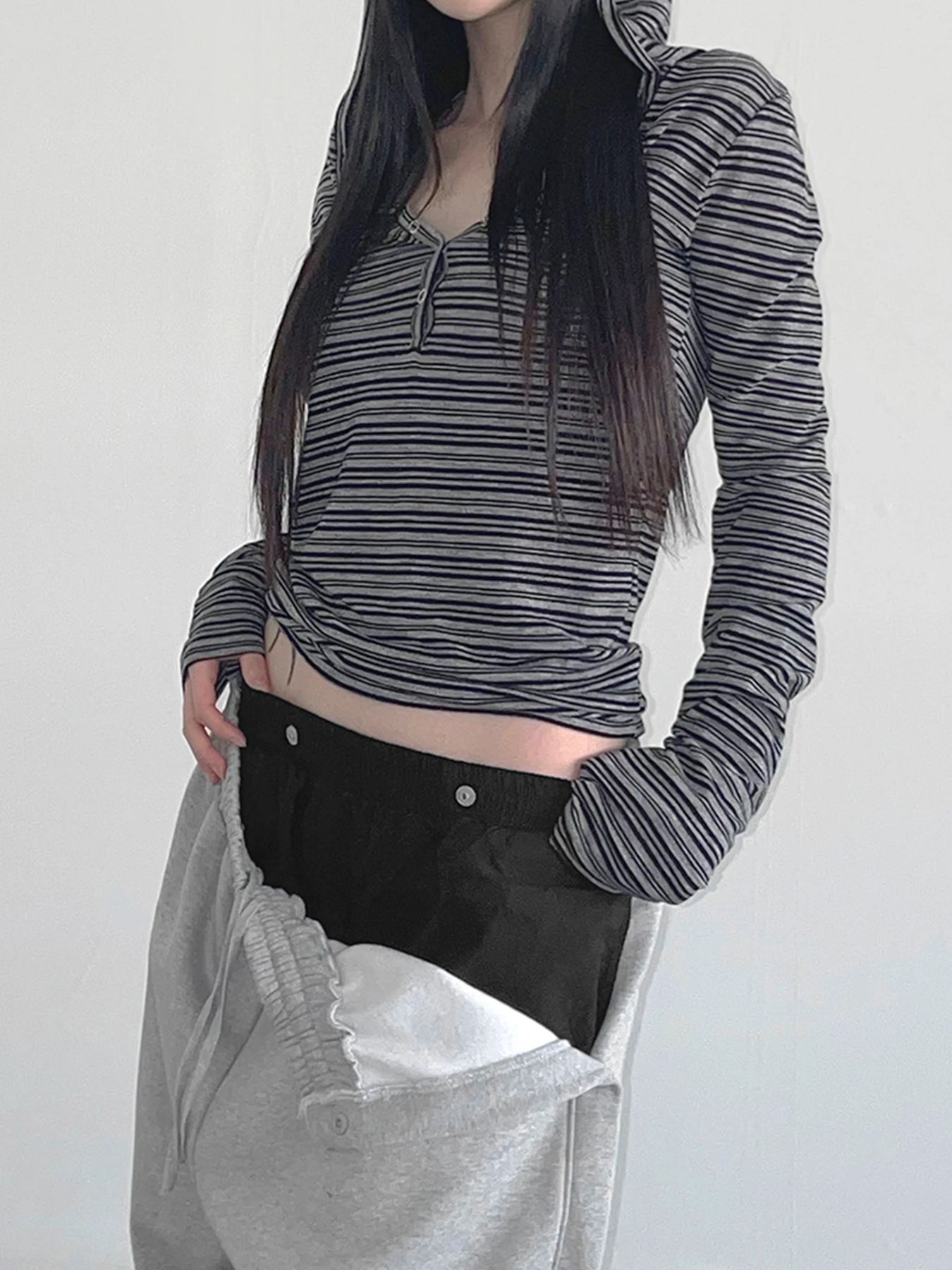 Striped Hooded Slim Fit Tops Women - Glamora