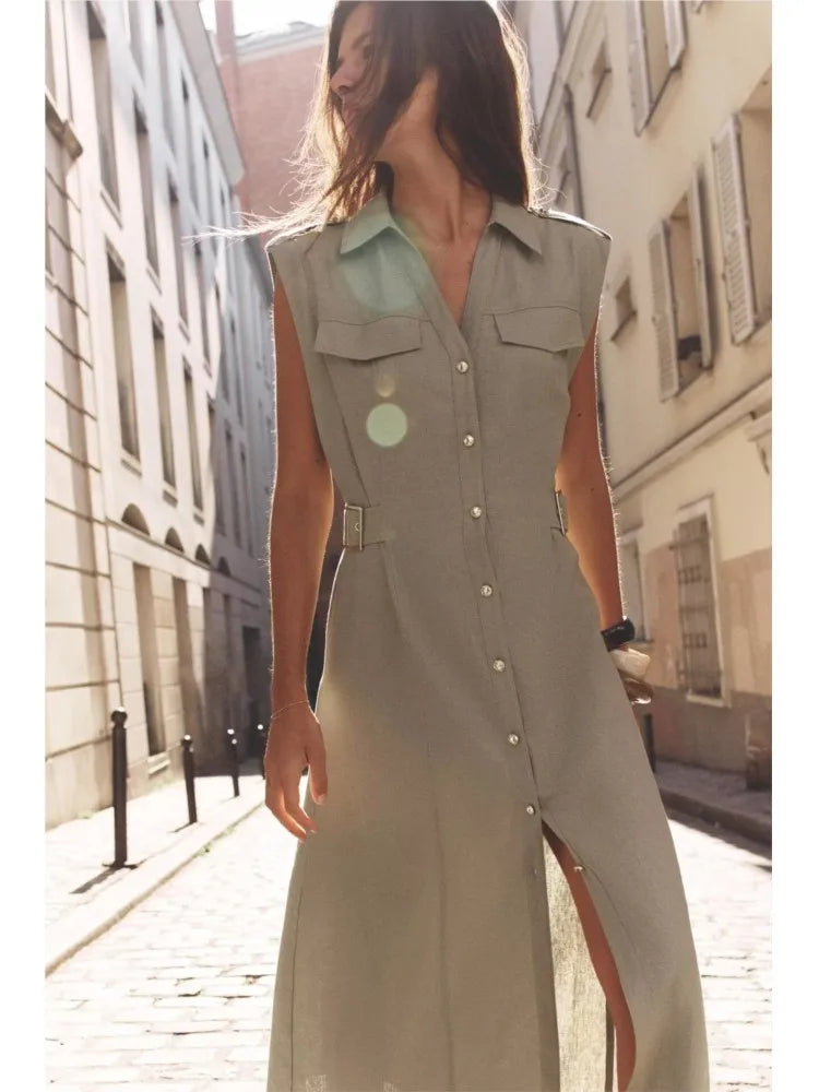 Pleated Belted Dress Elegant Spring Wear - Glamora