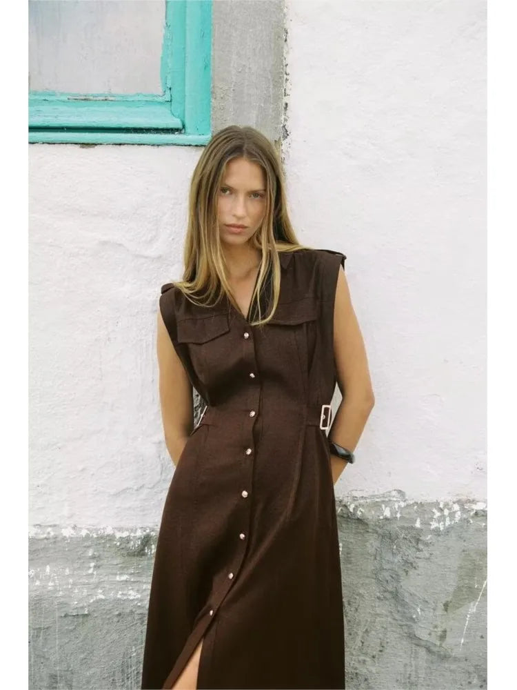 Pleated Belted Dress Elegant Spring Wear - Glamora