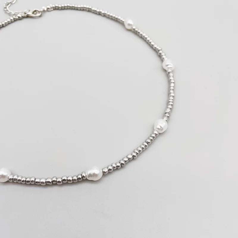 Silver Pearl Beaded Korean Fashion Necklace - Glamora