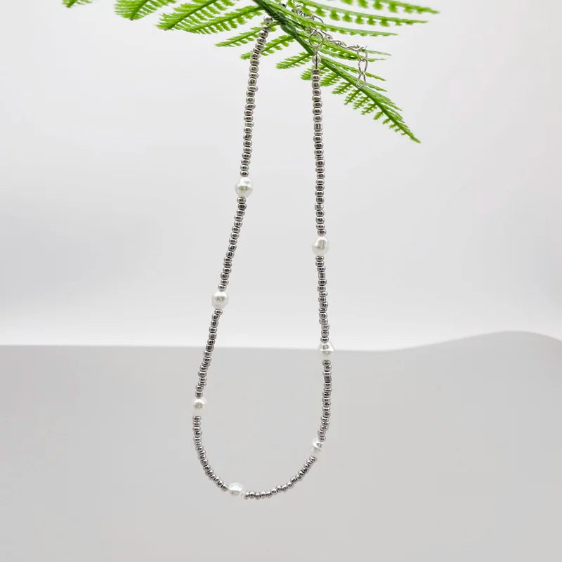Silver Pearl Beaded Korean Fashion Necklace - Glamora