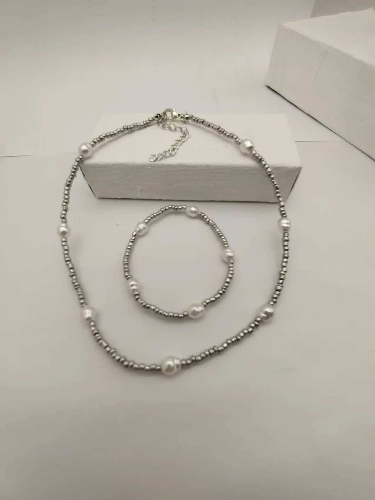 Silver Pearl Beaded Korean Fashion Necklace - Glamora