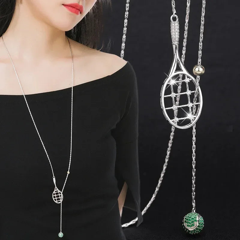 Silver Tennis Racket Pendant Long Necklace - Glamora