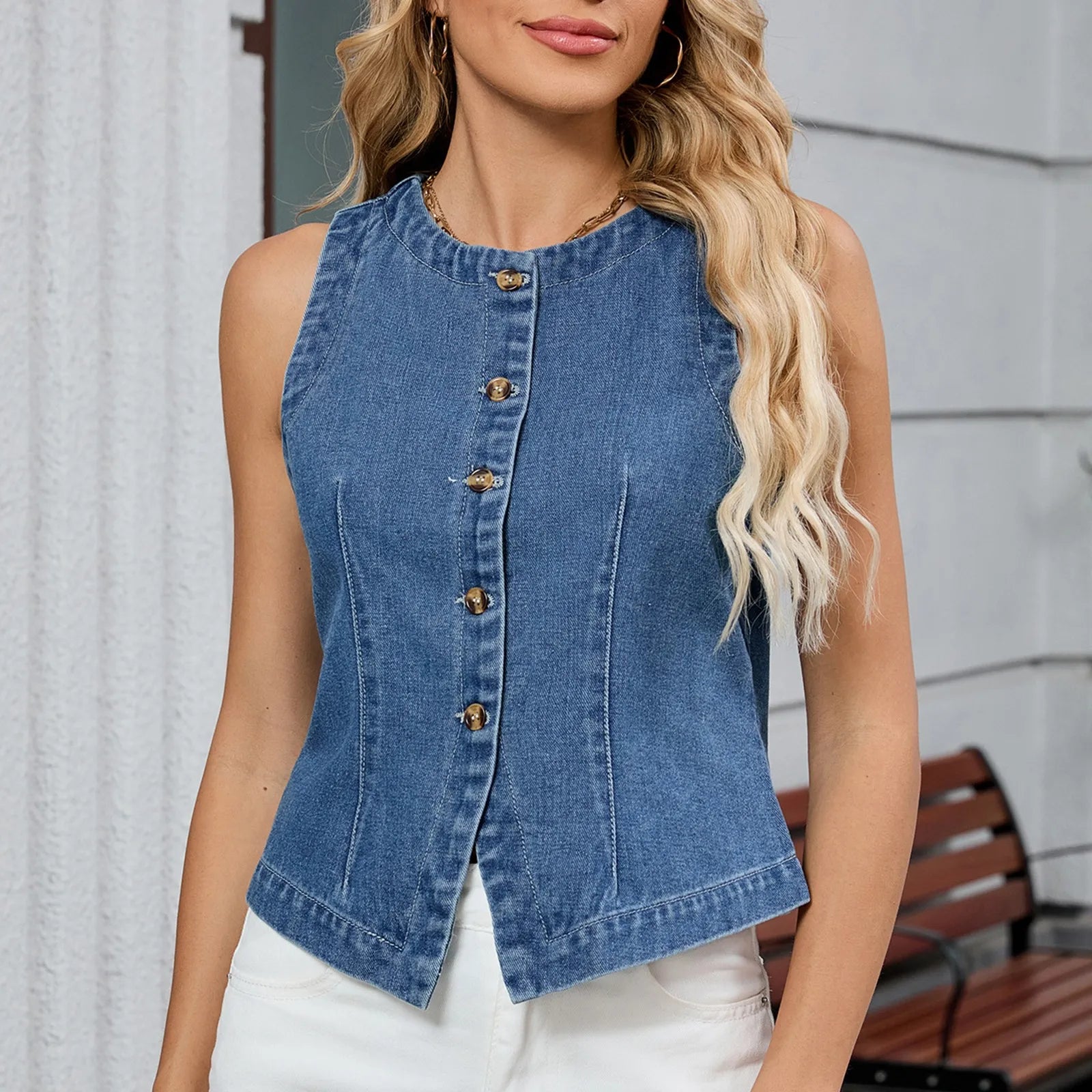 Womens Denim Vest Round Neck Buttoned Slim Sleeveless