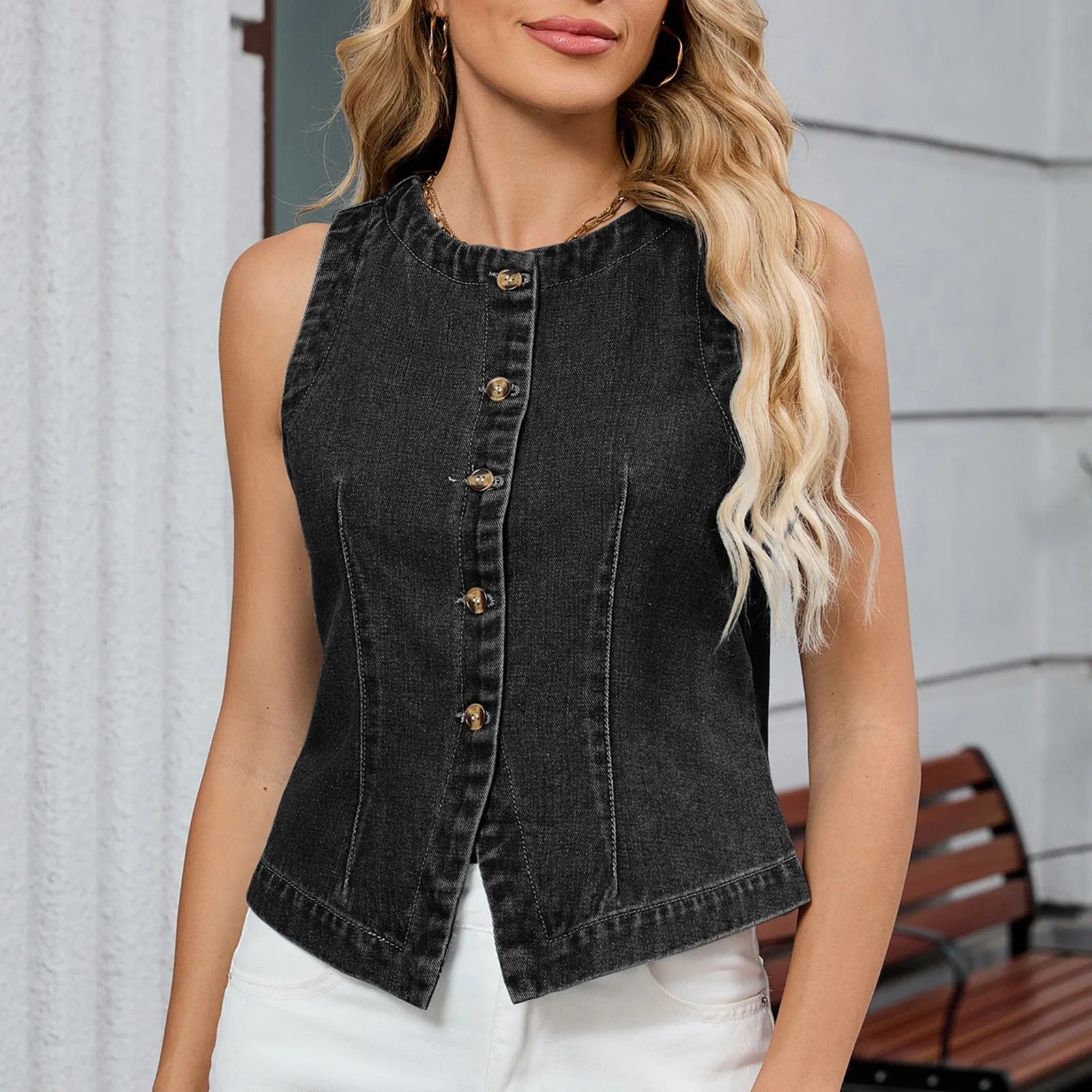 Womens Denim Vest Round Neck Buttoned Slim Sleeveless