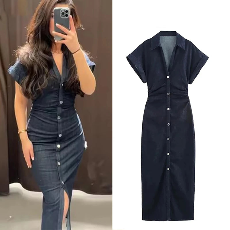 Pleated Denim Dress Casual Elegance Women