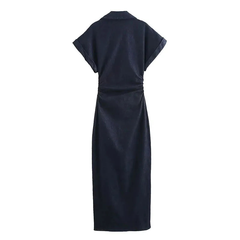 Pleated Denim Dress Casual Elegance Women