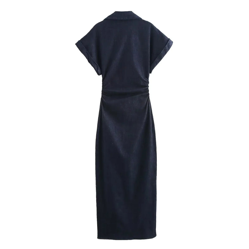 Pleated Denim Dress Casual Elegance Women - Glamora