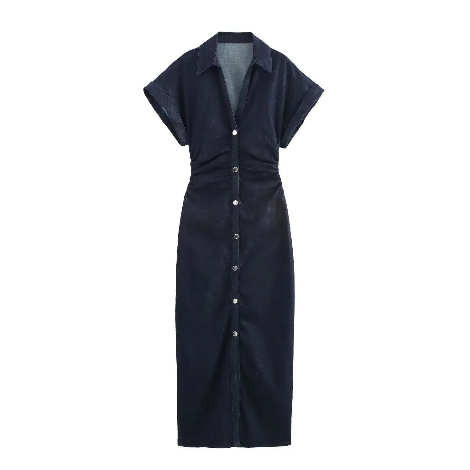 Pleated Denim Dress Casual Elegance Women