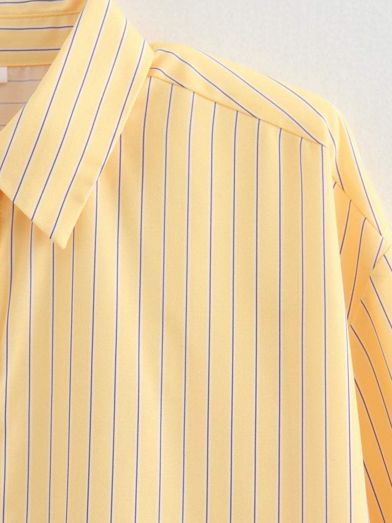Butter Yellow Striped Loose Shirt Summer - Glamora
