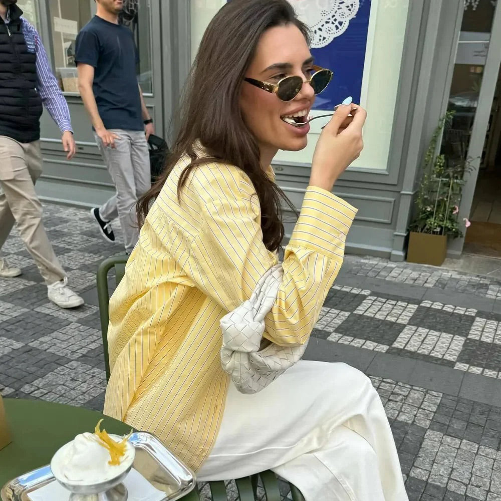 Butter Yellow Striped Loose Shirt Summer