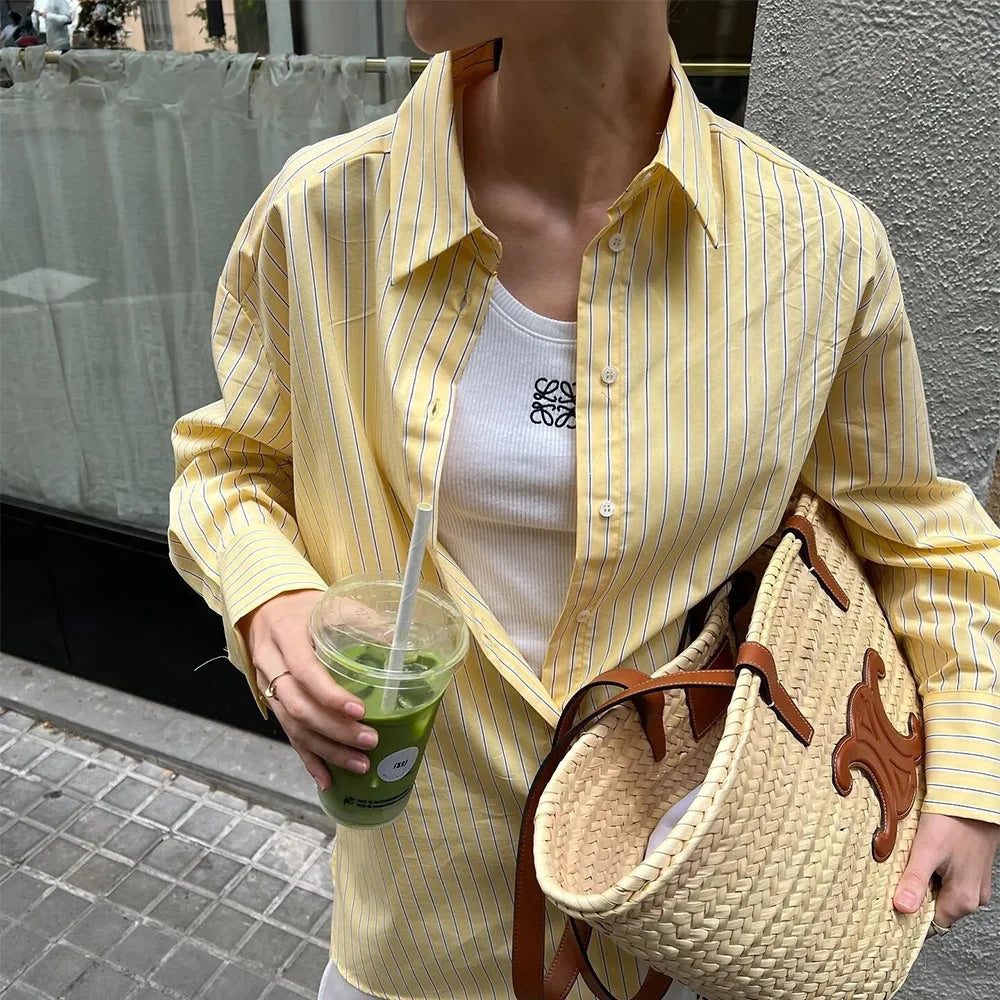 Butter Yellow Striped Loose Shirt Summer