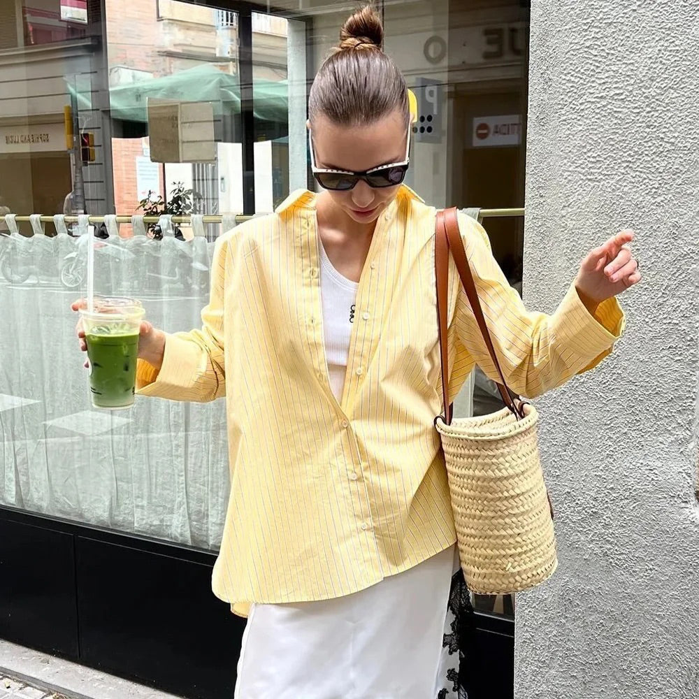 Butter Yellow Striped Loose Shirt Summer