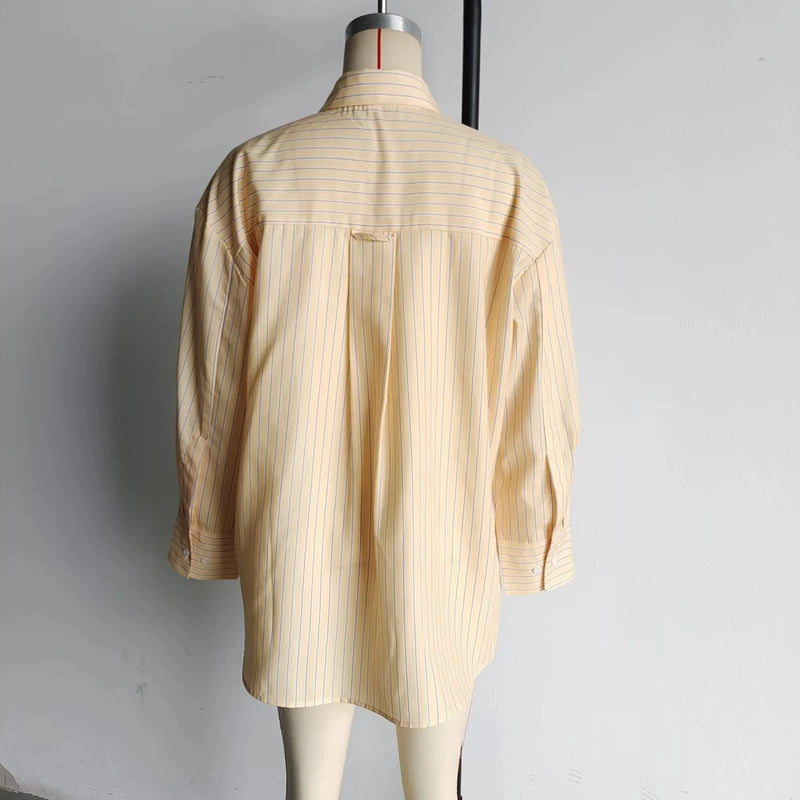 Butter Yellow Striped Loose Shirt Summer - Glamora
