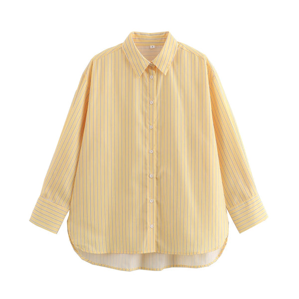 Butter Yellow Striped Loose Shirt Summer - Glamora