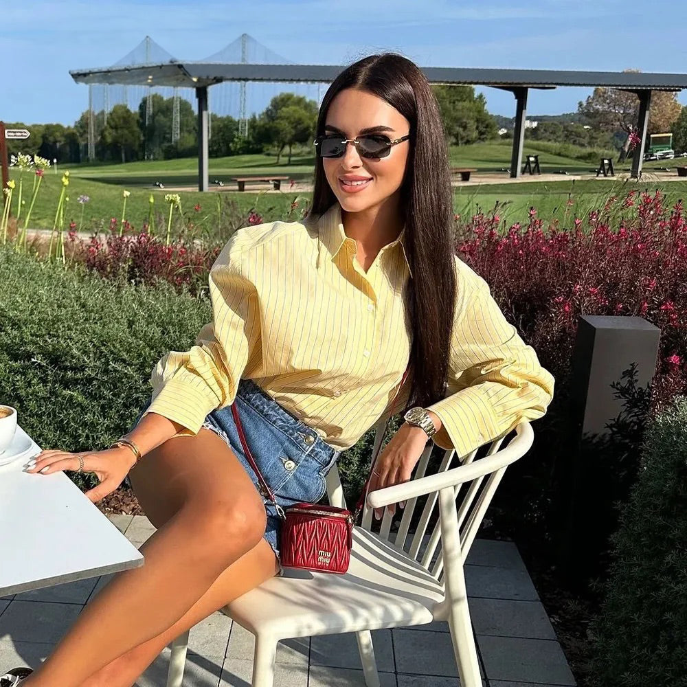 Butter Yellow Striped Loose Shirt Summer
