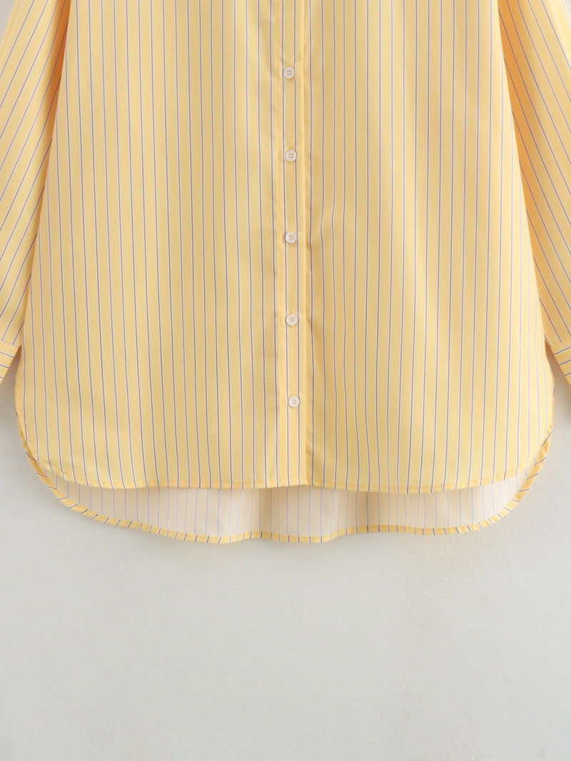Butter Yellow Striped Loose Shirt Summer - Glamora