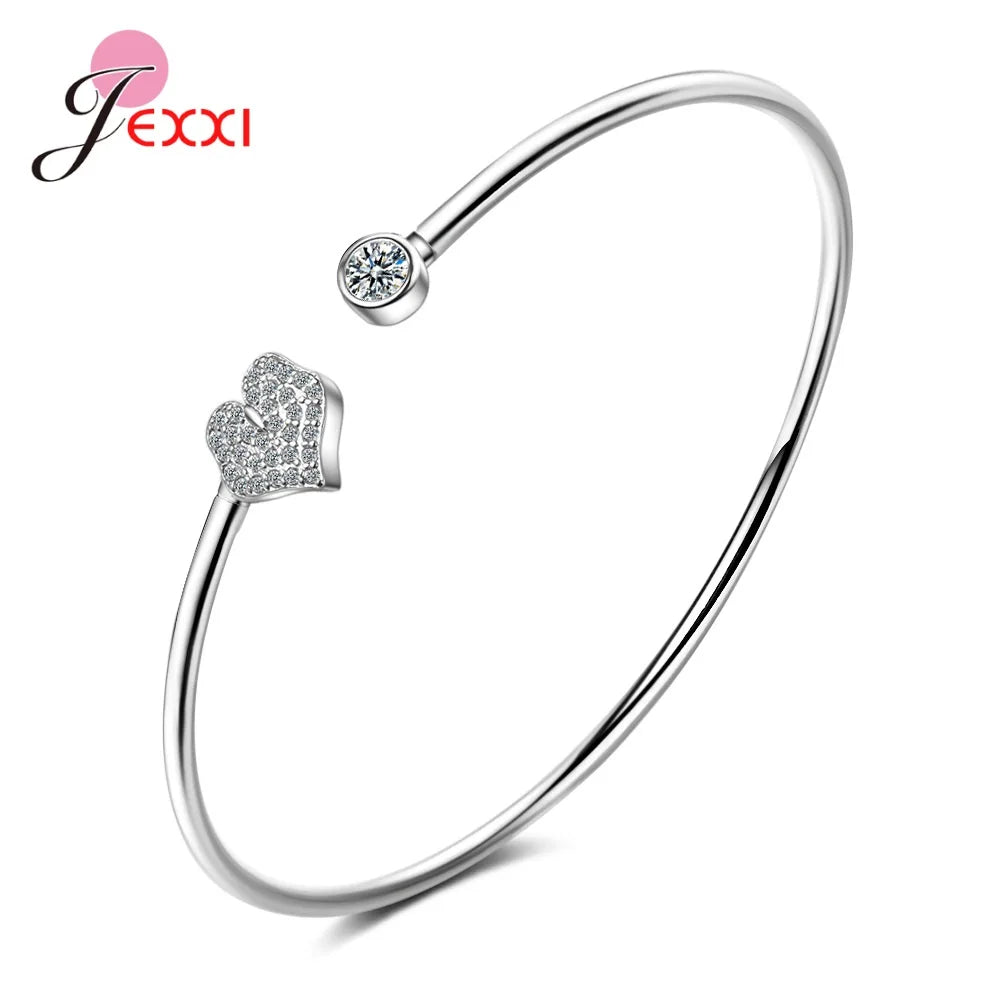 Sterling Silver Heart-Shaped Bangle Bracelet - Glamora