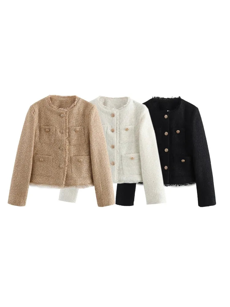 Woolen Tweed Jacket Cozy Women Outerwear - Glamora