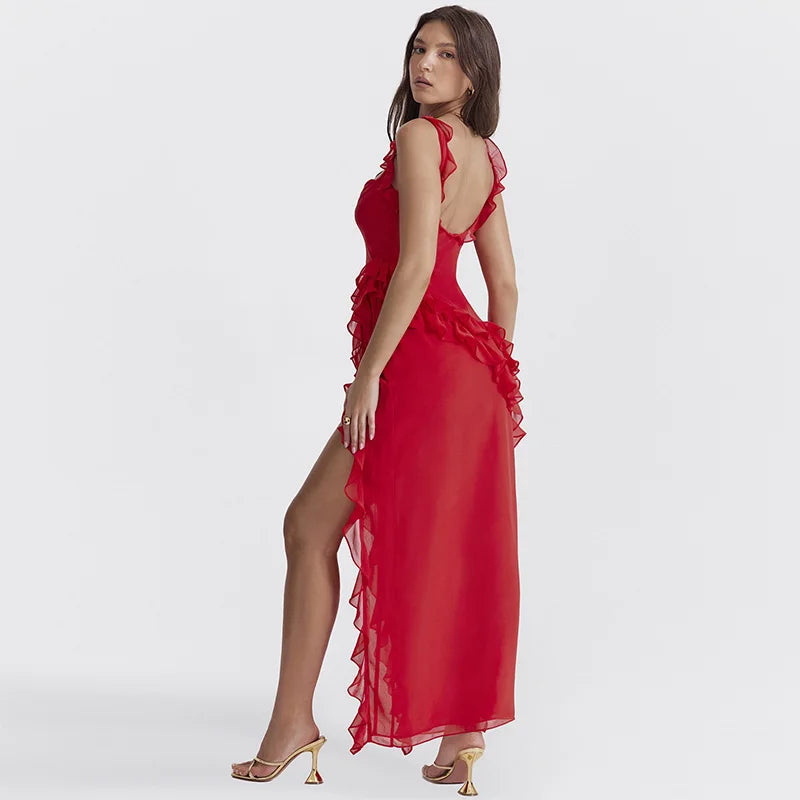 Pleated Backless Red Dress Partywear