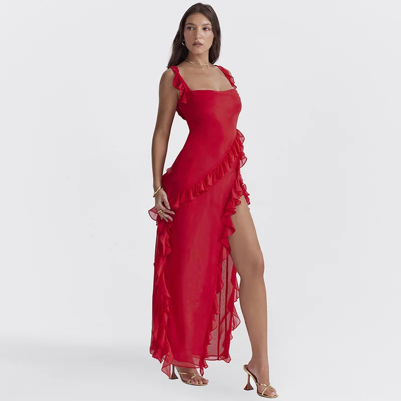 Pleated Backless Red Dress Partywear