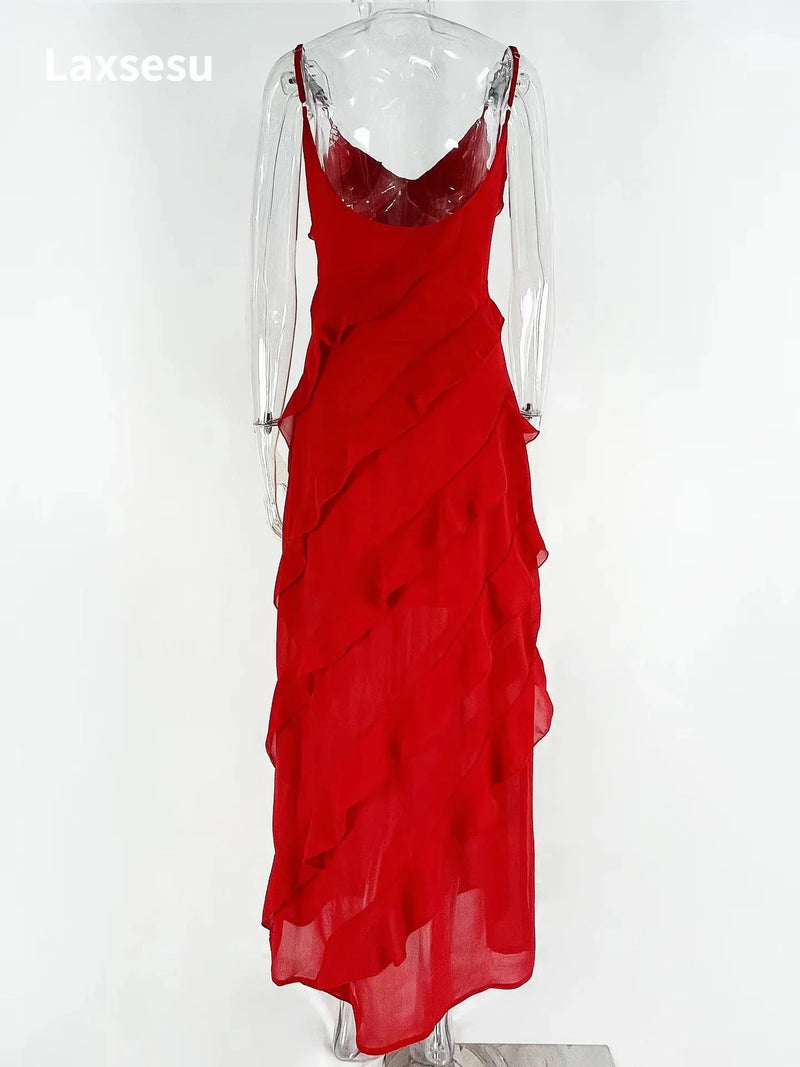 Pleated Backless Red Dress Partywear - Glamora