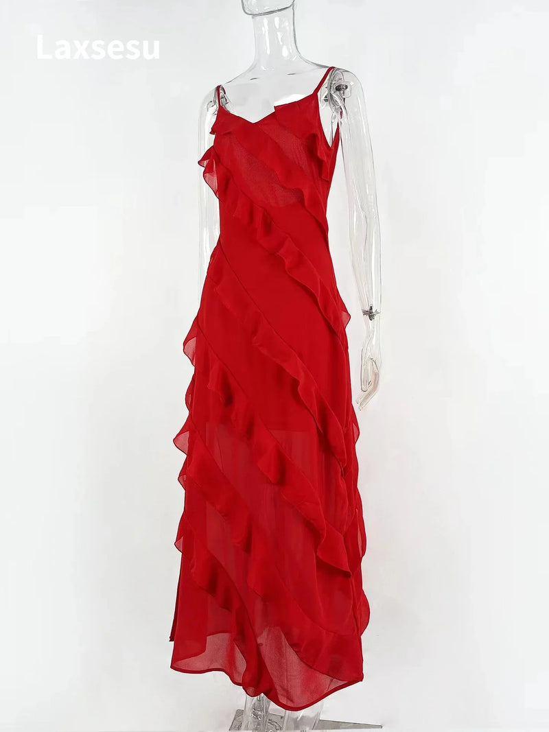 Pleated Backless Red Dress Partywear - Glamora