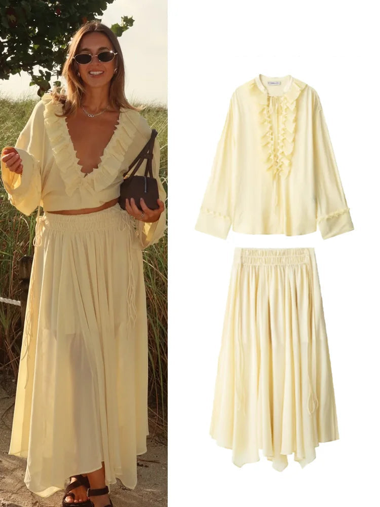 V Neck Lace Up Skirt Suit Summer