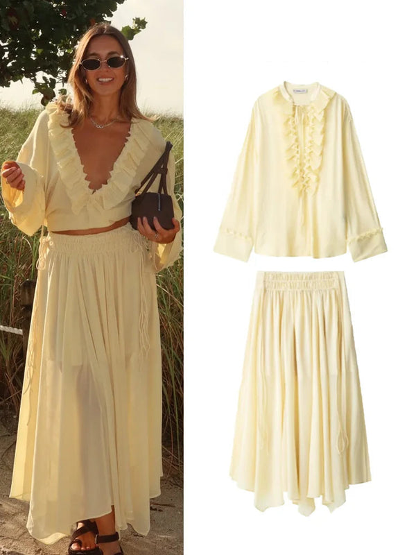V Neck Lace Up Skirt Suit Summer - Glamora