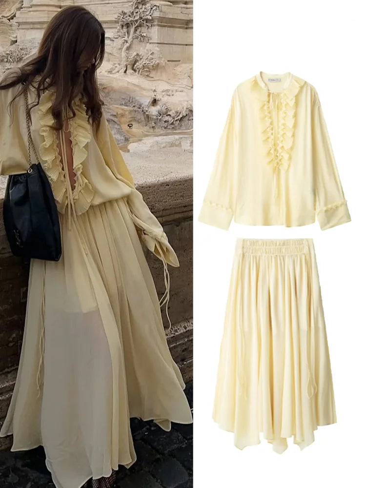 V Neck Lace Up Skirt Suit Summer