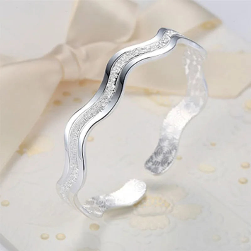 925 Sterling Silver Ripple Cuff Bracelet - Glamora