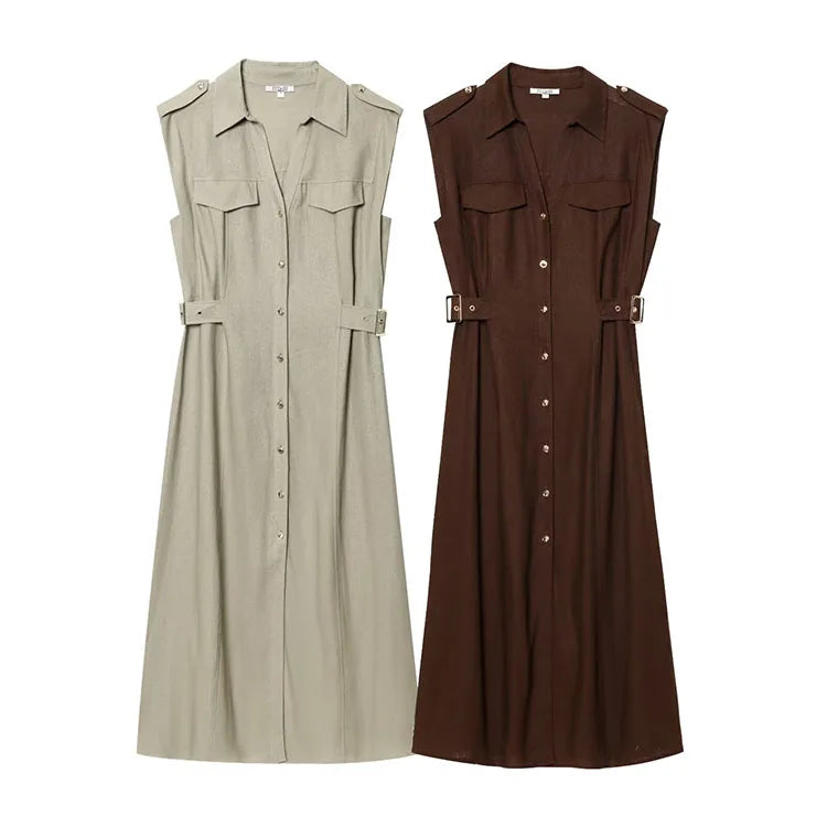 Pleated Belted Dress Elegant Spring Wear - Glamora