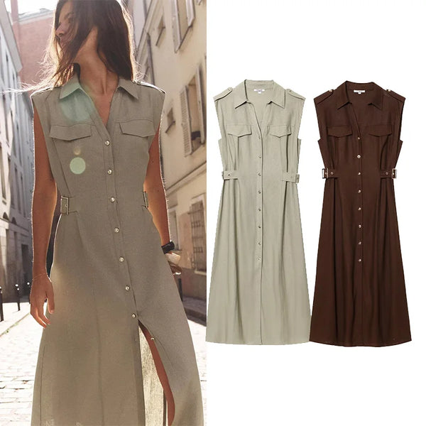 Pleated Belted Dress Elegant Spring Wear - Glamora