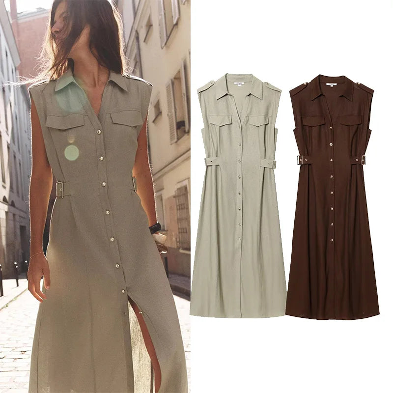 Pleated Belted Dress Elegant Spring Wear - Glamora