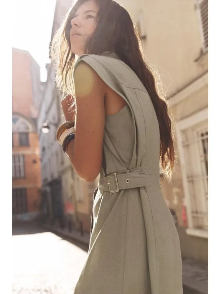 Pleated Belted Dress Elegant Spring Wear - Glamora