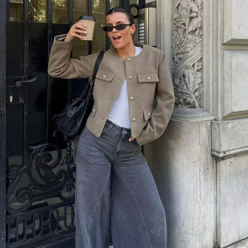 Cropped Button Jacket Warm Stylish Women